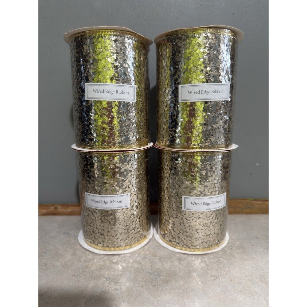 New Chunky Glitter 4in X 30 Ft Total 120 Ft Wired Edge Mesh Ribbon Lot Of 4 - Picture 1 of 6